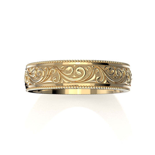 Unique men's wedding band in yellow gold with engraved scrollwork and antiqued finish