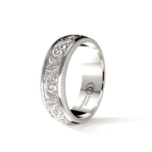 Armaan 7 mm antiqued black scrollwork wedding band in 14K White Gold, three-quarter perspective view (1)