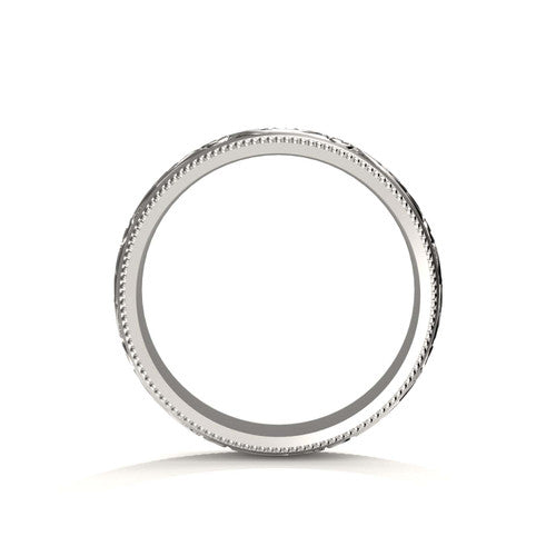 Unique men's wedding band in white gold with detailed scrollwork and engraved border