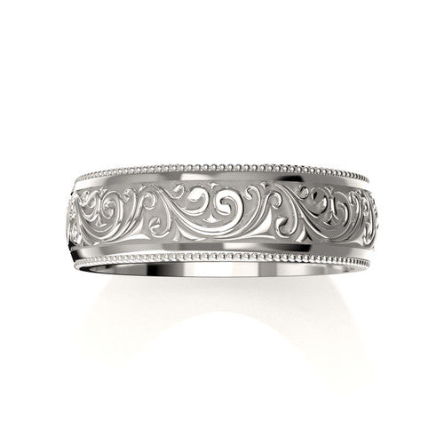 Elegant 14K white gold men's wedding ring with vintage-inspired scrollwork and engraved edges