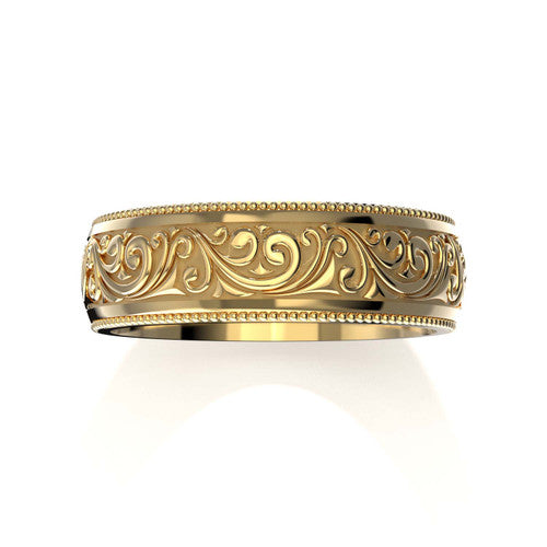Elegant 14K yellow gold men's wedding ring with vintage-inspired scrollwork and engraved accents