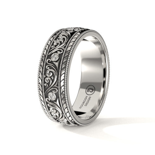 Armaan 8 mm antiqued black diamond scrollwork wedding band in 14K White Gold, three-quarter perspective view (1)