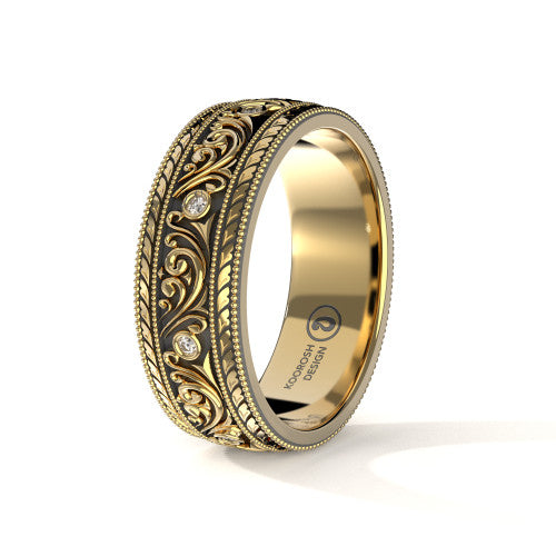 Armaan 8 mm antiqued black diamond scrollwork wedding band in 14K Yellow Gold, three-quarter perspective view (1)