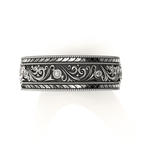 Elegant 14K white gold men's wedding ring with vintage-inspired scrollwork design and diamond accents