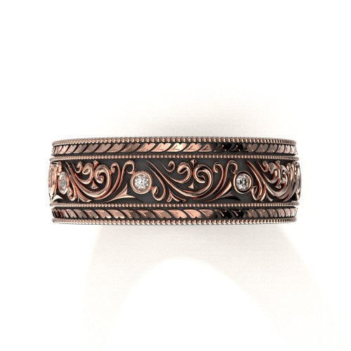 Elegant 14K rose gold men's wedding ring with vintage-inspired scrollwork design and diamond accents
