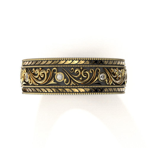 Elegant 14K yellow gold men's wedding ring with vintage-inspired scrollwork design and diamond accents