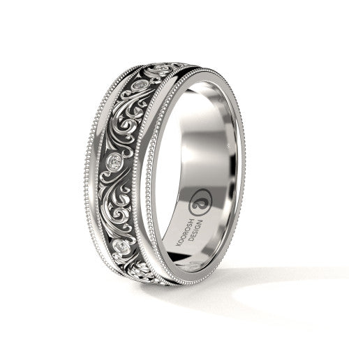 Parsa antiqued black scrollwork wedding band in 14K White Gold, three-quarter perspective view (1)