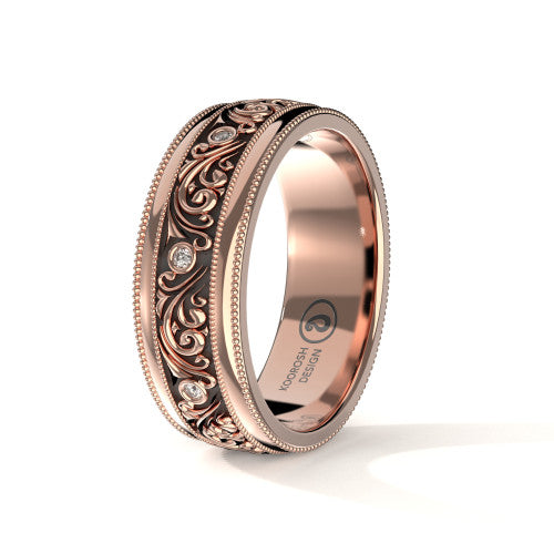 Parsa antiqued black scrollwork wedding band in 14K Rose Gold, three-quarter perspective view (1)