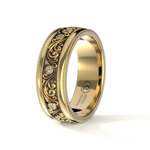 Parsa antiqued black scrollwork wedding band in 14K Yellow Gold, three-quarter perspective view (1)