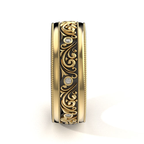 Handcrafted men's yellow gold wedding band featuring detailed scrollwork, double milgrain edges, and diamond accents