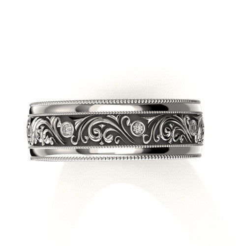 Elegant 14K white gold men's wedding ring with vintage-inspired scrollwork design and embedded diamonds