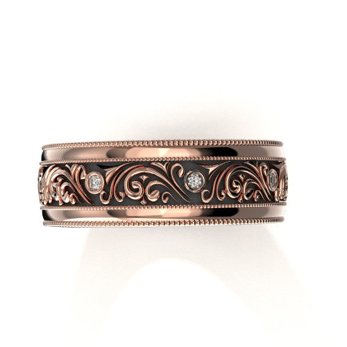 Elegant 14K rose gold men's wedding ring with vintage-inspired scrollwork design and embedded diamonds