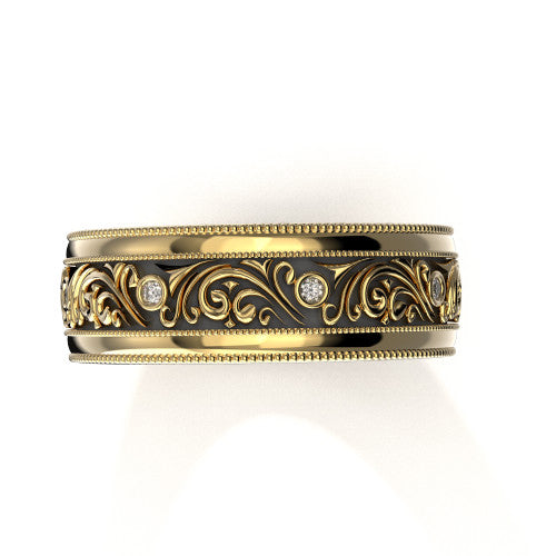 Elegant 14K yellow gold men's wedding ring with vintage-inspired scrollwork design and embedded diamonds