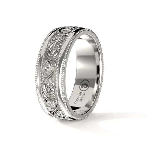 Sina scrollwork engraved wedding band in 14K White Gold, three-quarter perspective view (2)