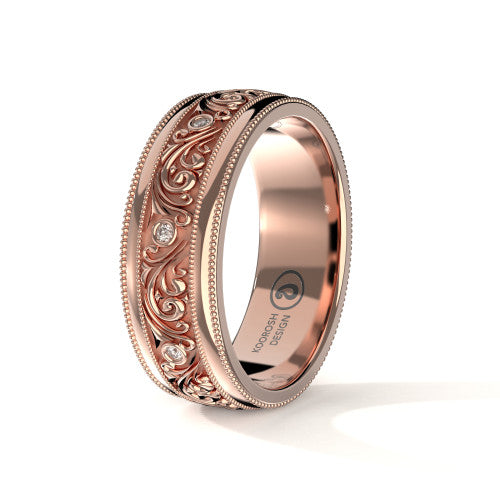 Sina scrollwork engraved wedding band in 14K Rose Gold, three-quarter perspective view (2)