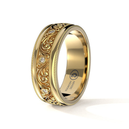 Sina scrollwork engraved wedding band in 14K Yellow Gold, three-quarter perspective view