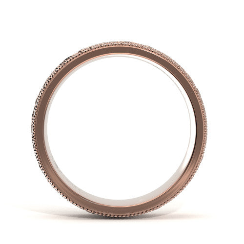 Unique men's wedding band in rose gold with engraved scrollwork, double milgrain edges, and sparkling diamonds