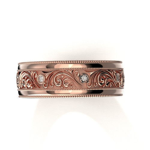 Elegant 14K rose gold men's wedding ring with vintage-inspired scrollwork design and embedded diamonds
