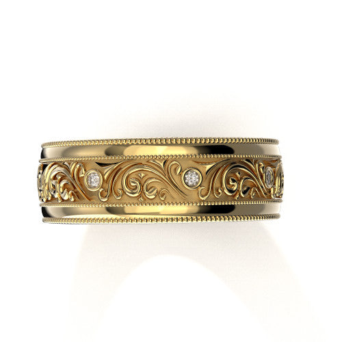 Elegant 14K yellow gold men's wedding ring with vintage-inspired scrollwork design and embedded diamonds