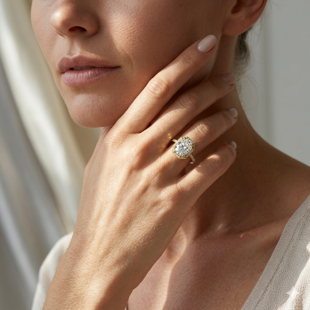 Tessa Oval Shape Halo Engagement Ring in 18K Yellow Gold