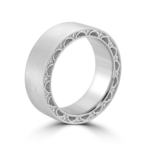 Platinum Hidden Engraved Art Deco Mat Brushed Wedding Band Platinum