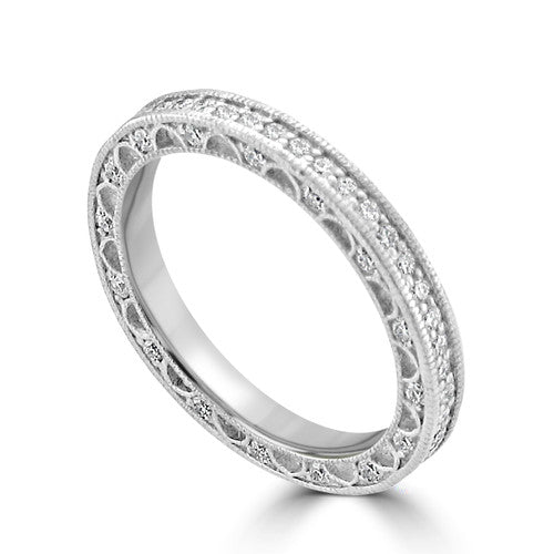 Platinum Art Deco Engraved Diamond Band in Platinum, three-quarter perspective view