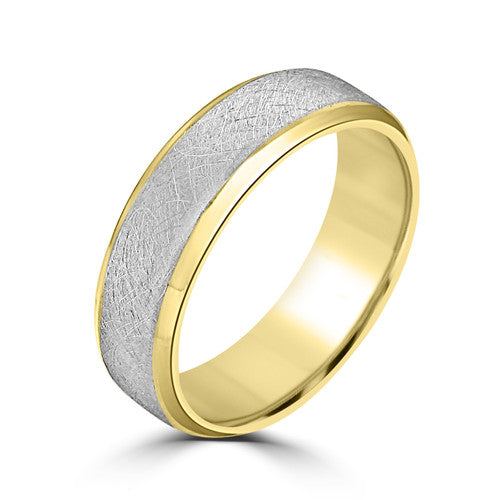 Men's Two Tone Platinum and 14K Yellow Gold Scratched Beveled Edge Wedding Band 14K Yellow Gold