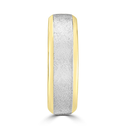 Men's Two Tone Platinum and 14K Yellow Gold Scratched Beveled Edge Wedding Band 14K Yellow Gold